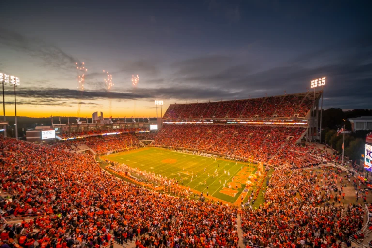 Stadium at night with fireworks