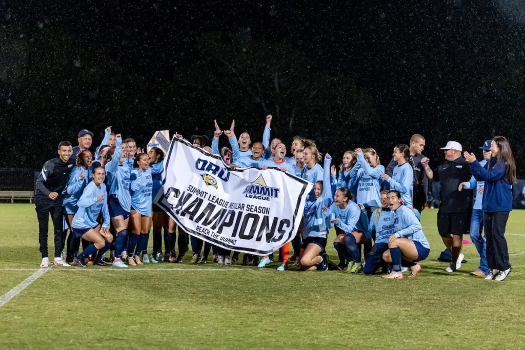 Oral Robert University women’s soccer team celebrating the conference title